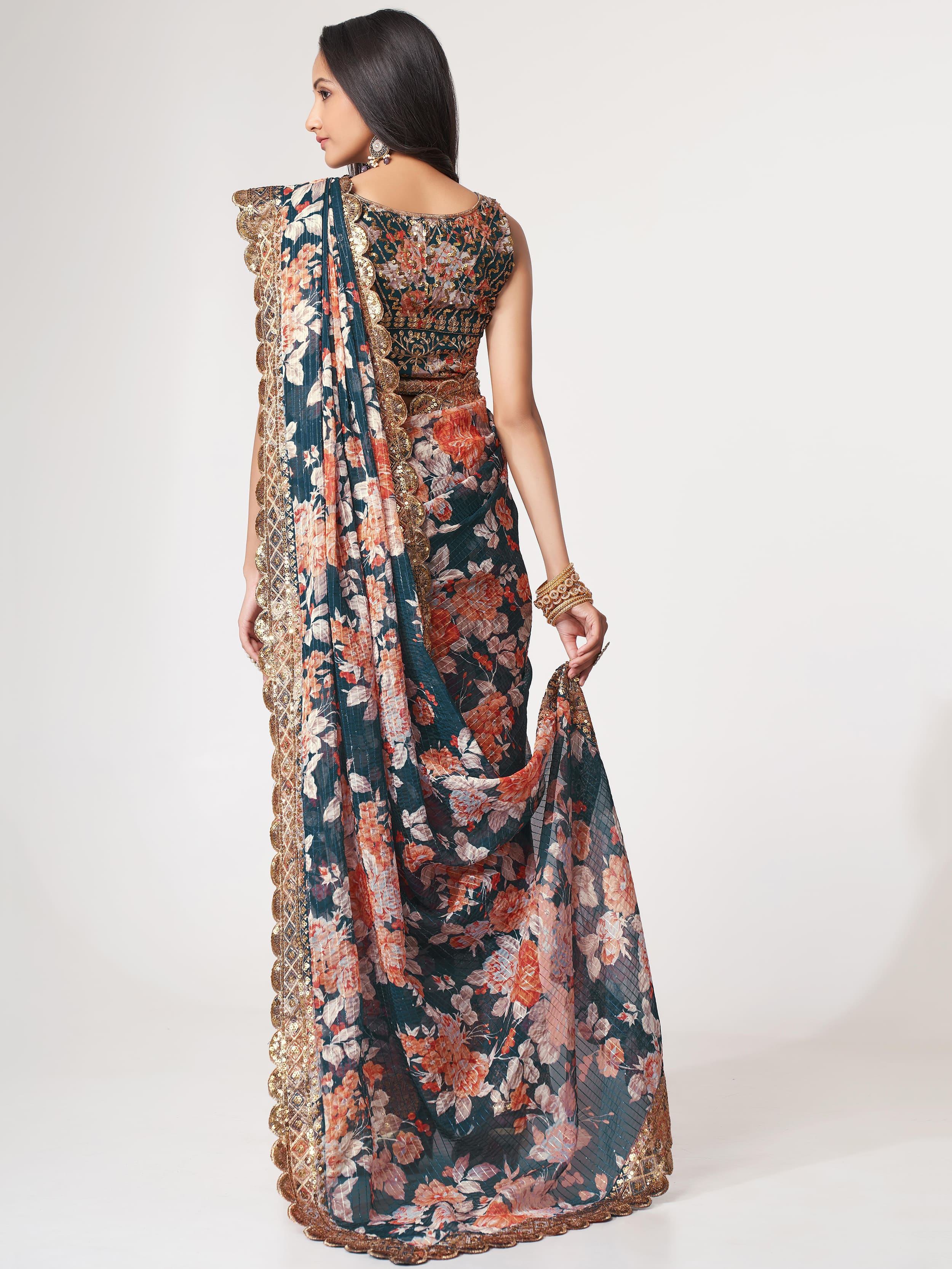 Fascinating Dove Blue Floral Printed Organza Events Wear Saree With Blouse