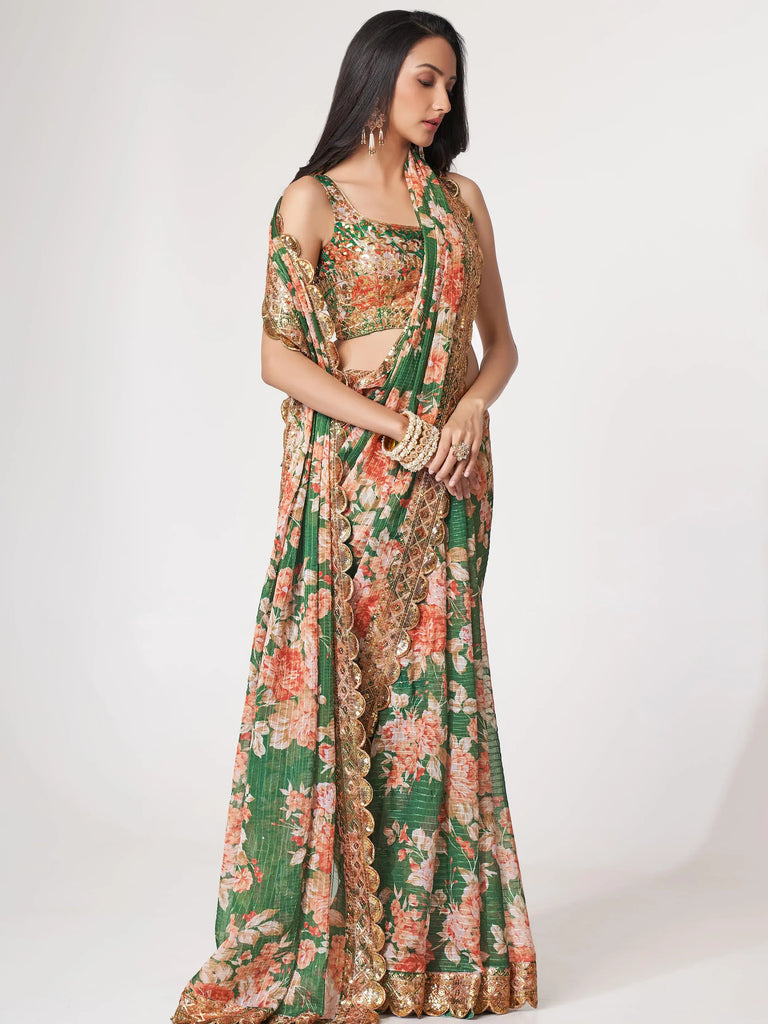 Mesmerizing Green Floral Printed Organza Festive Wear Saree