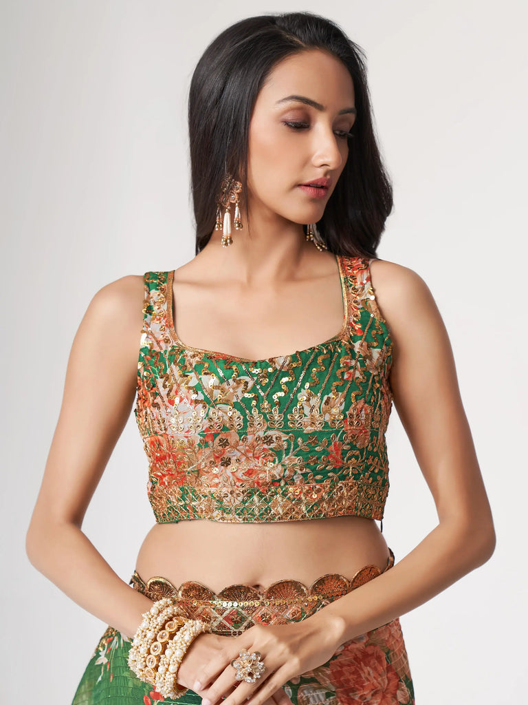 Mesmerizing Green Floral Printed Organza Festive Wear Saree