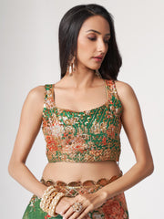 Mesmerizing Green Floral Printed Organza Festive Wear Saree