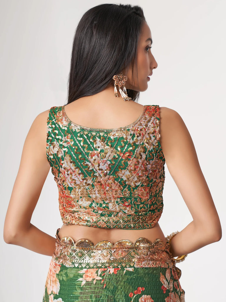 Mesmerizing Green Floral Printed Organza Festive Wear Saree