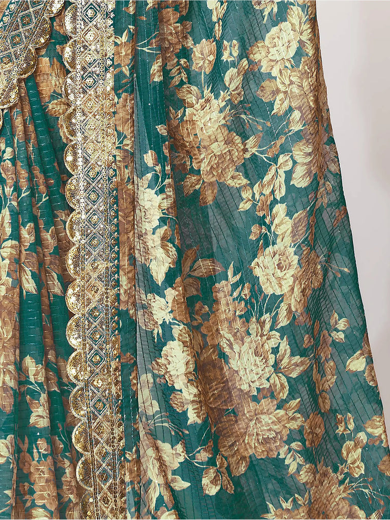 Bewitching Teal Blue Floral Printed Organza Party Wear Saree