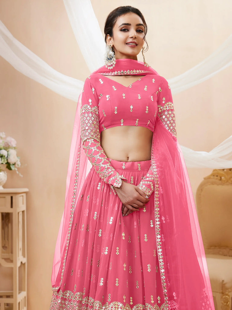 Glamorous Pink Sequins Georgette Engagement Wear Lehenga Choli