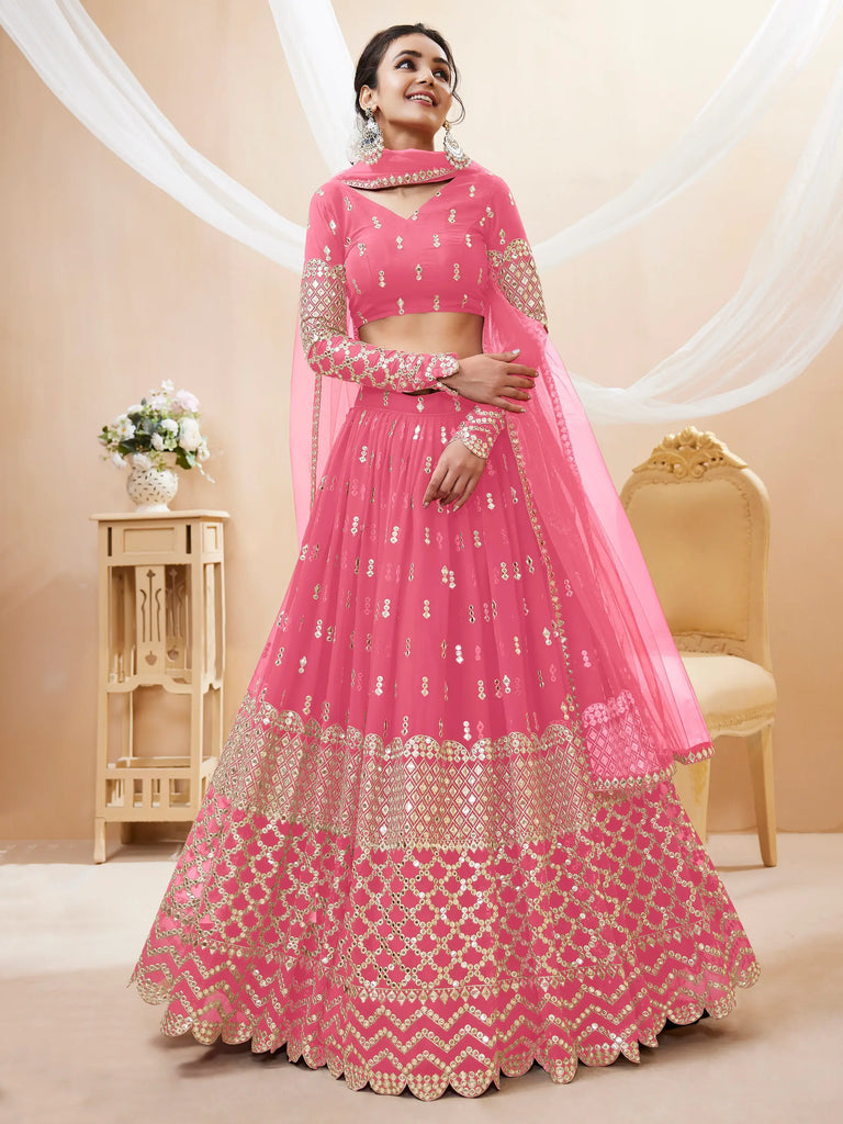 Glamorous Pink Sequins Georgette Engagement Wear Lehenga Choli