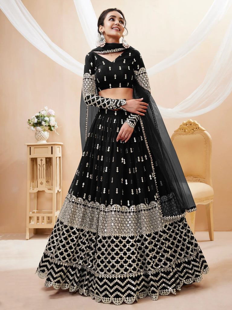 Seductive Black Zari Work Georgette Reception Wear Lehenga Choli