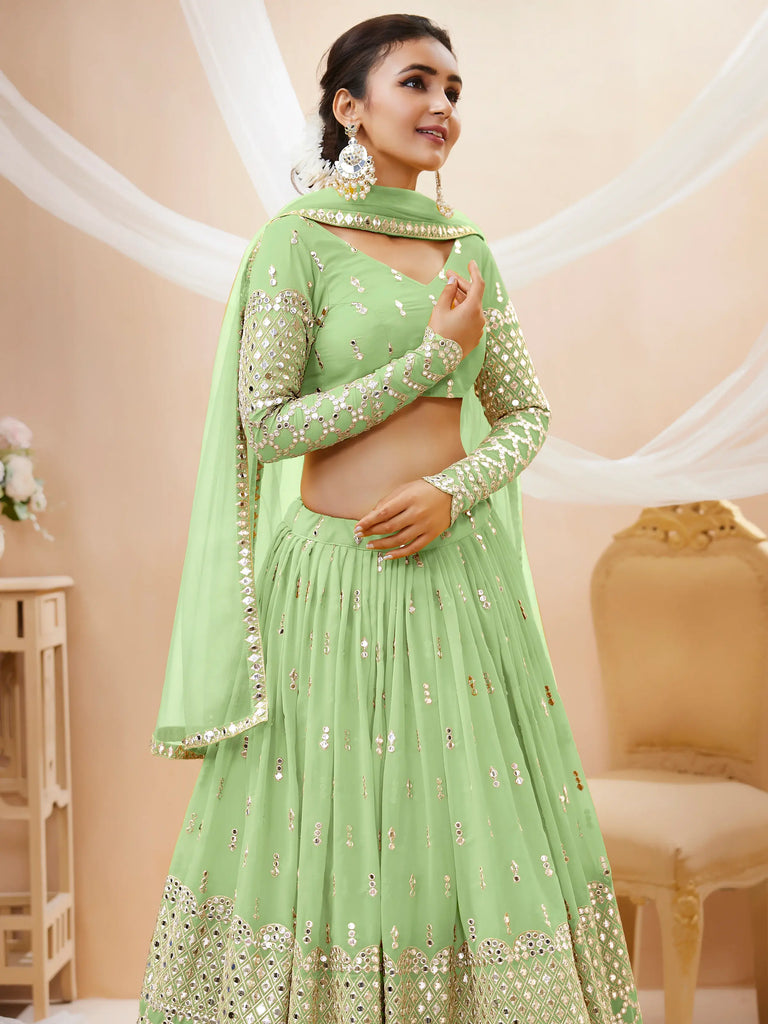 Attractive Pastel Green Sequins Work Georgette Lehenga Choli