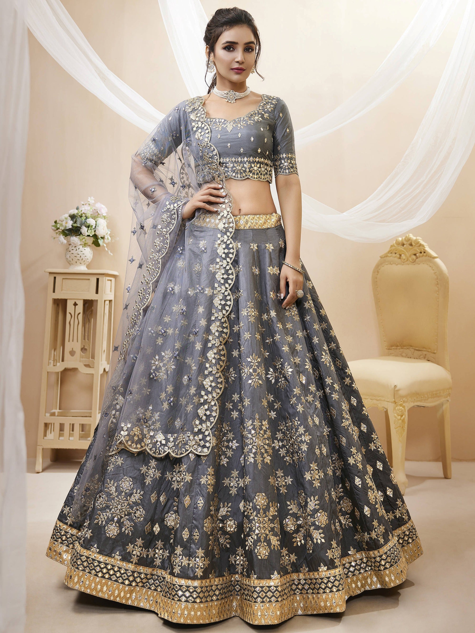 Charming Grey Embroidered Silk Function Wear Plus Size Lehenga Choli