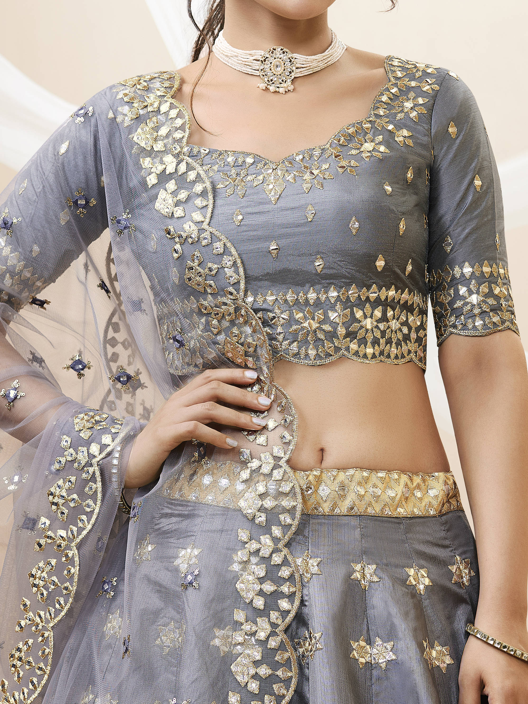 Charming Grey Embroidered Silk Function Wear Plus Size Lehenga Choli