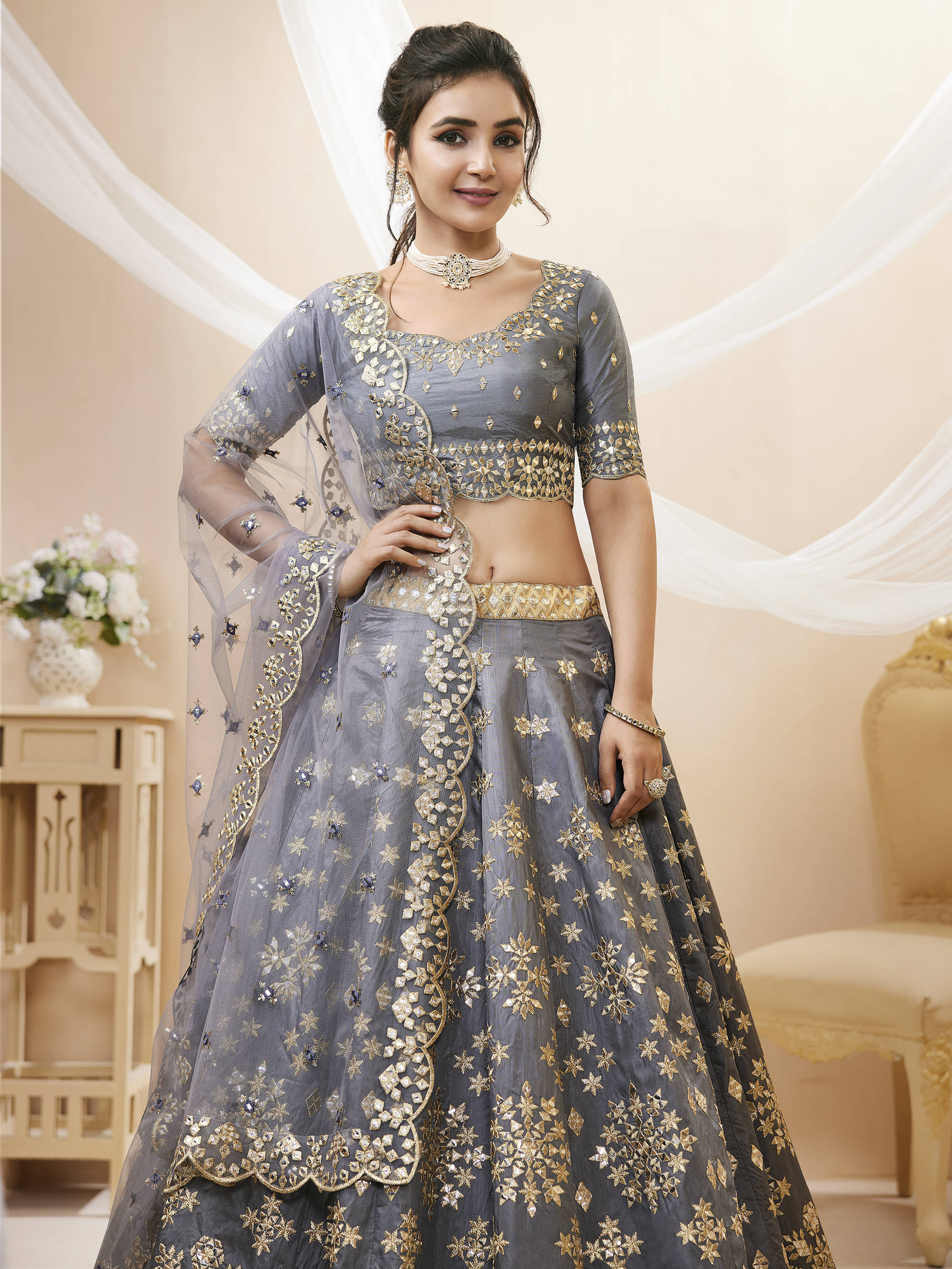 Charming Grey Embroidered Silk Function Wear Plus Size Lehenga Choli