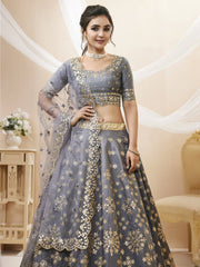 Charming Grey Embroidered Silk Function Wear Plus Size Lehenga Choli