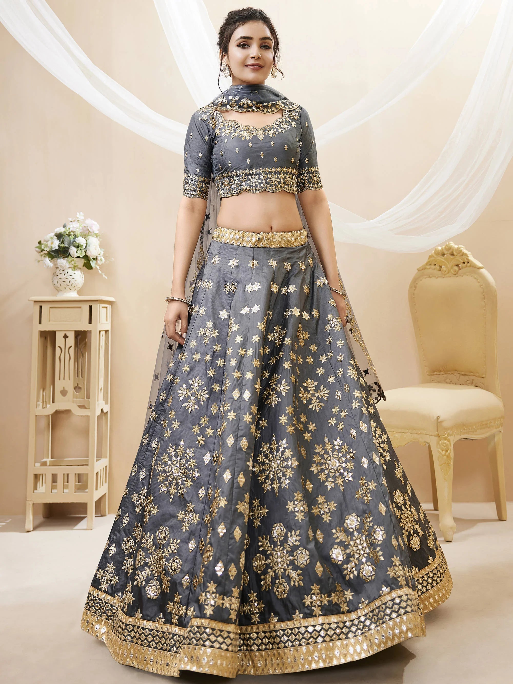 Charming Grey Embroidered Silk Function Wear Plus Size Lehenga Choli