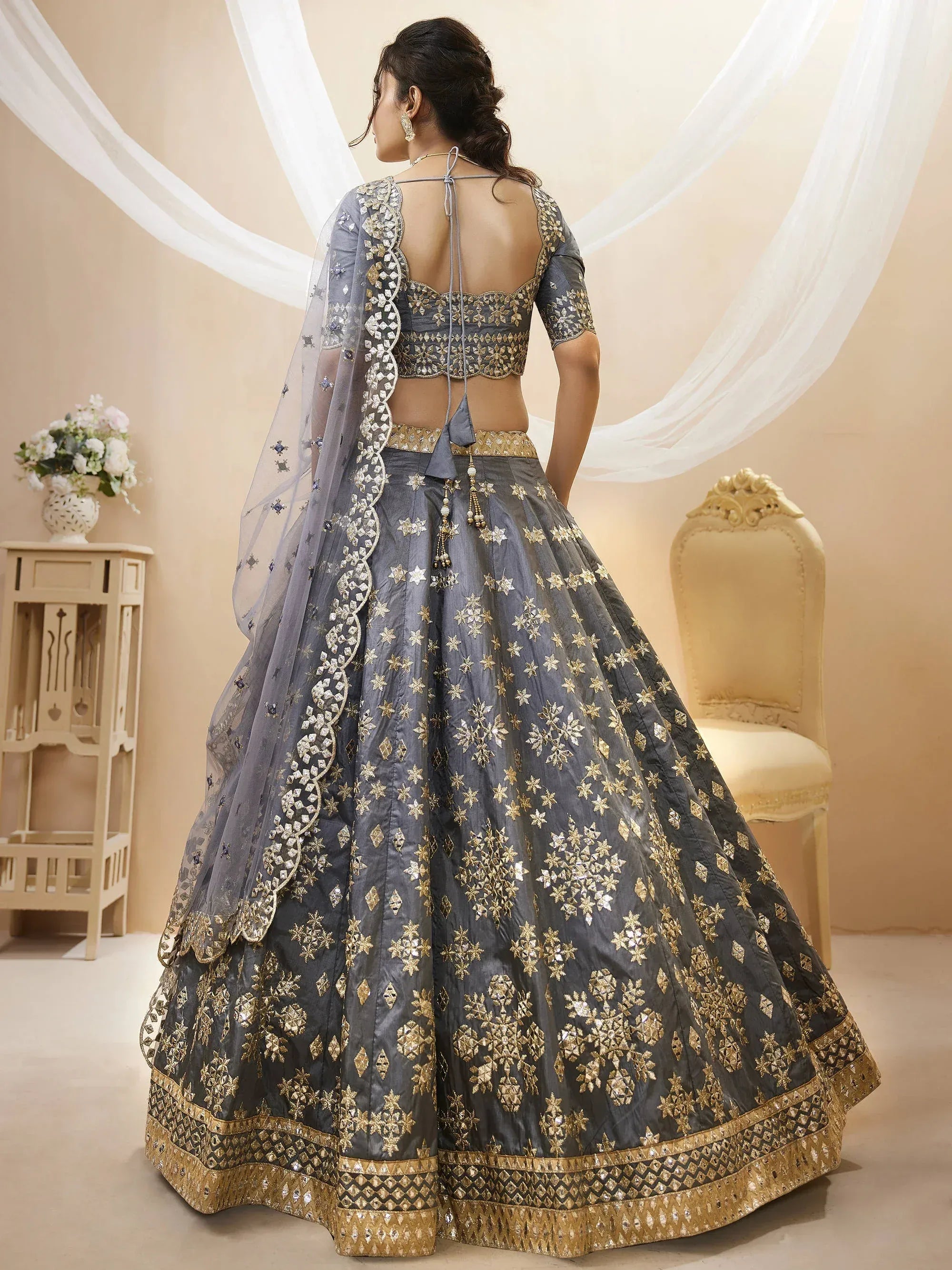 Charming Grey Embroidered Silk Function Wear Plus Size Lehenga Choli