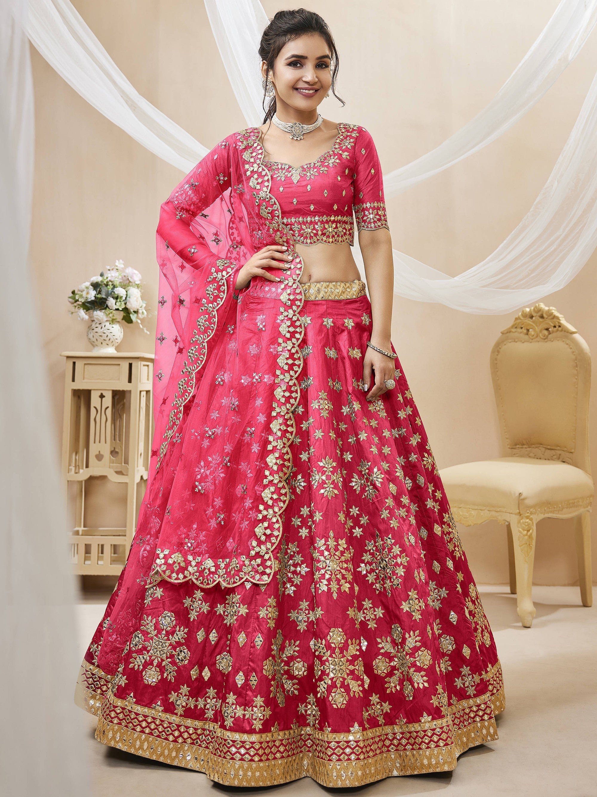 Stunning Pink Embroidered Silk Sangeet Wear Plus Size Lehenga Choli