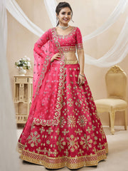 Stunning Pink Embroidered Silk Sangeet Wear Plus Size Lehenga Choli