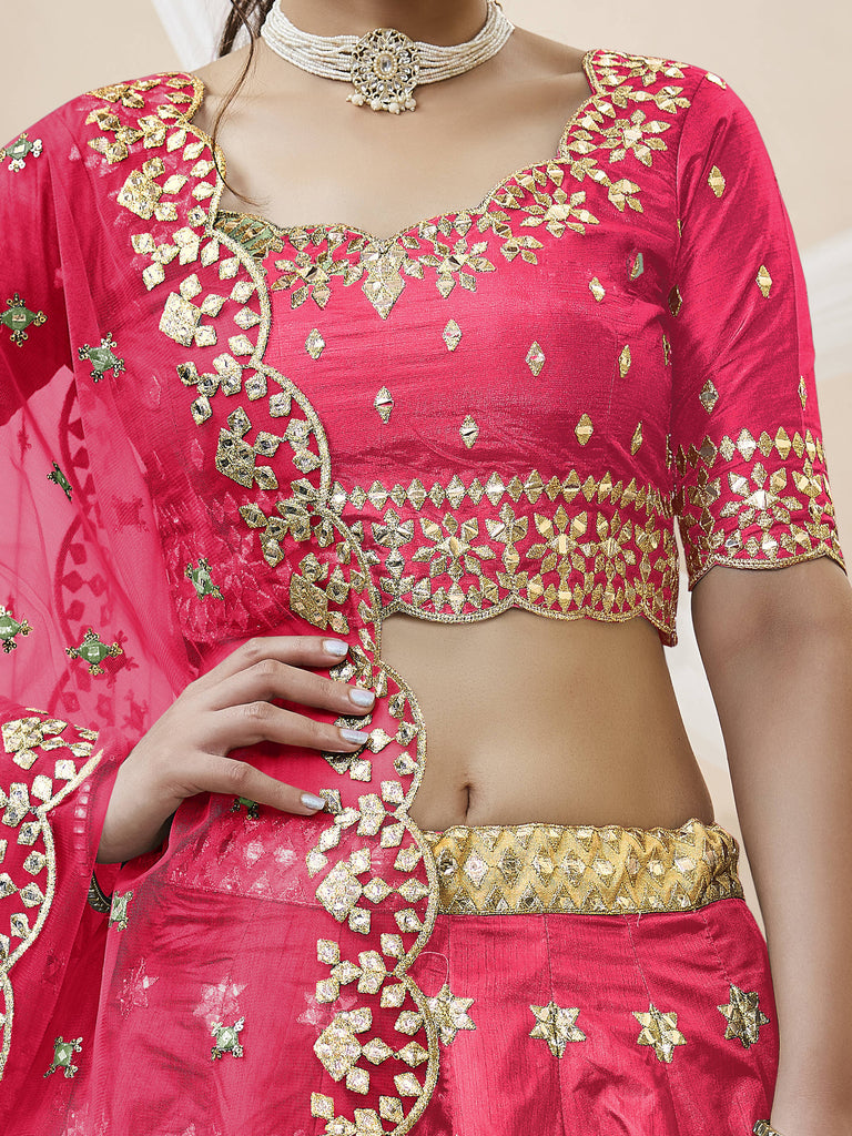 Stunning Pink Embroidered Silk Sangeet Wear Plus Size Lehenga Choli