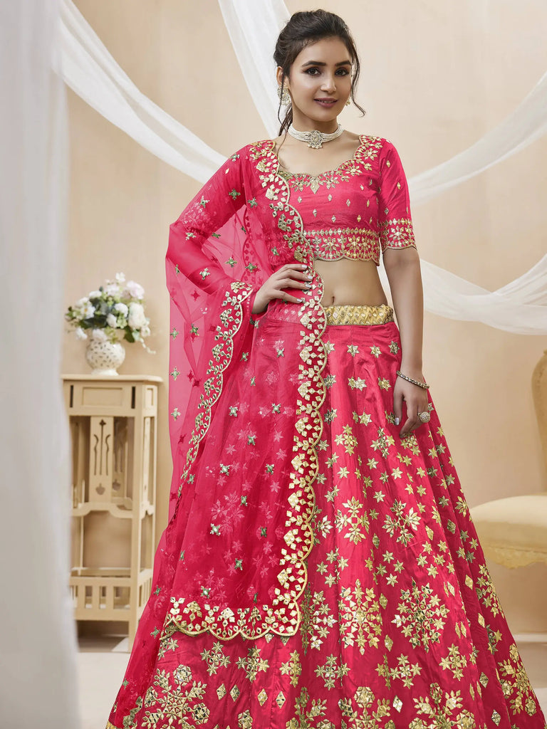 Outstanding Pink Zari Work Art Silk Reception Wear Lehenga Choli
