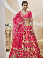 Stunning Pink Embroidered Silk Sangeet Wear Plus Size Lehenga Choli
