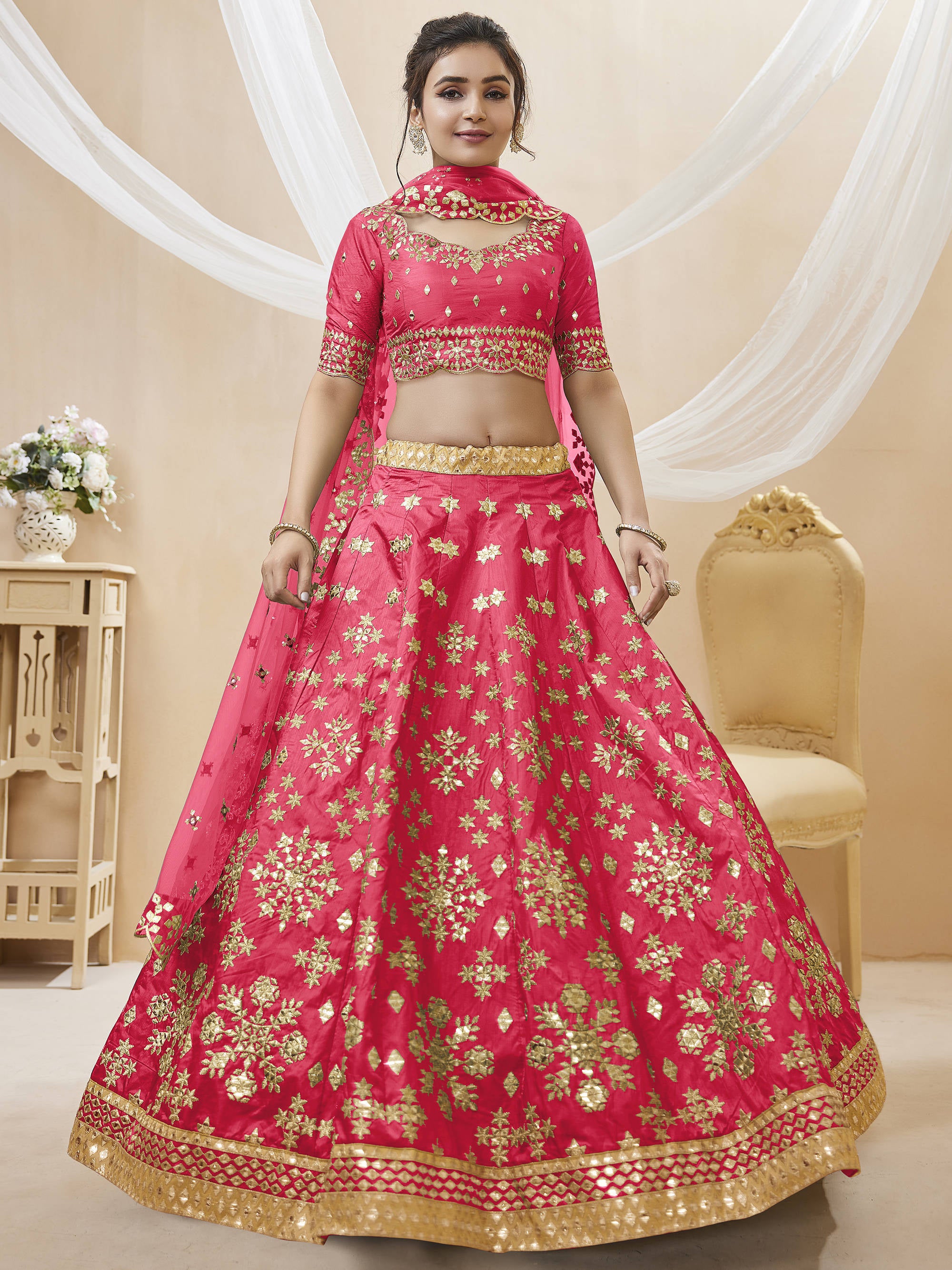 Stunning Pink Embroidered Silk Sangeet Wear Plus Size Lehenga Choli