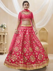 Stunning Pink Embroidered Silk Sangeet Wear Plus Size Lehenga Choli