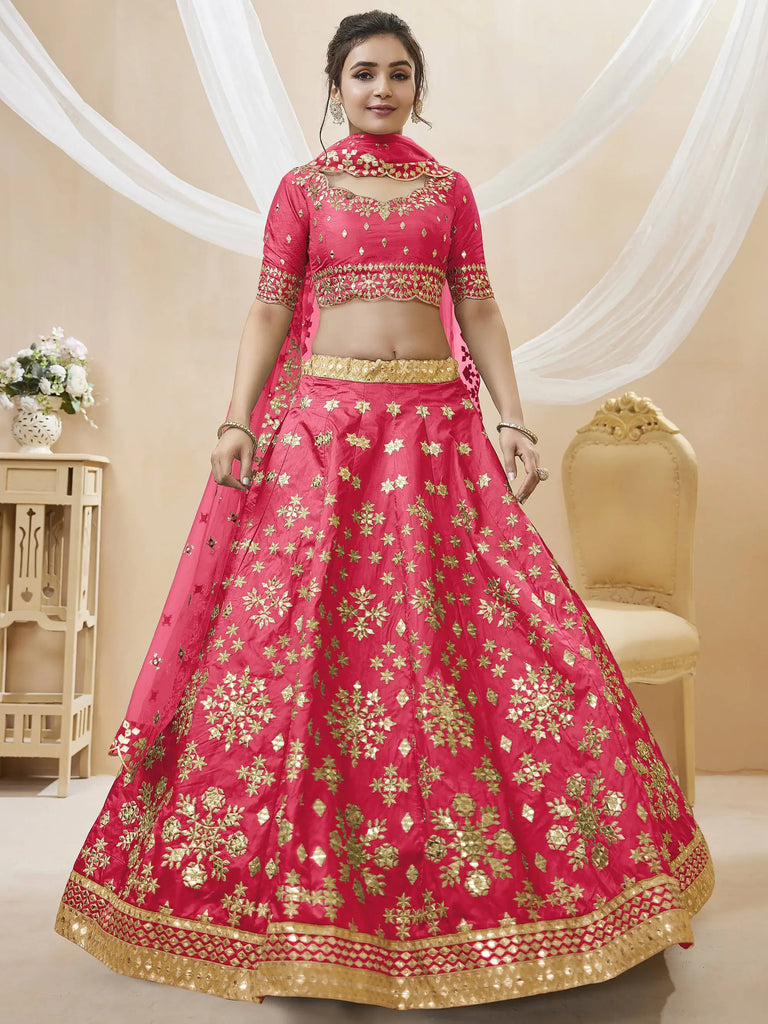 Outstanding Pink Zari Work Art Silk Reception Wear Lehenga Choli