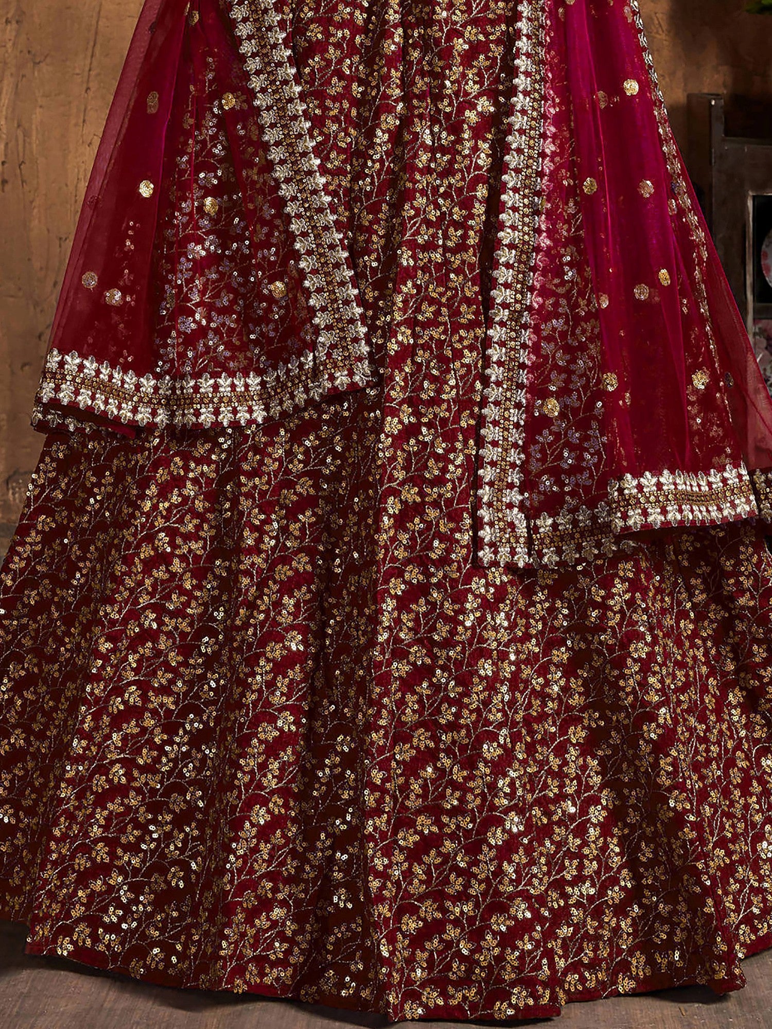 Gorgeous Maroon Sequins Silk Party Wear Plus Size Lehenga Choli 