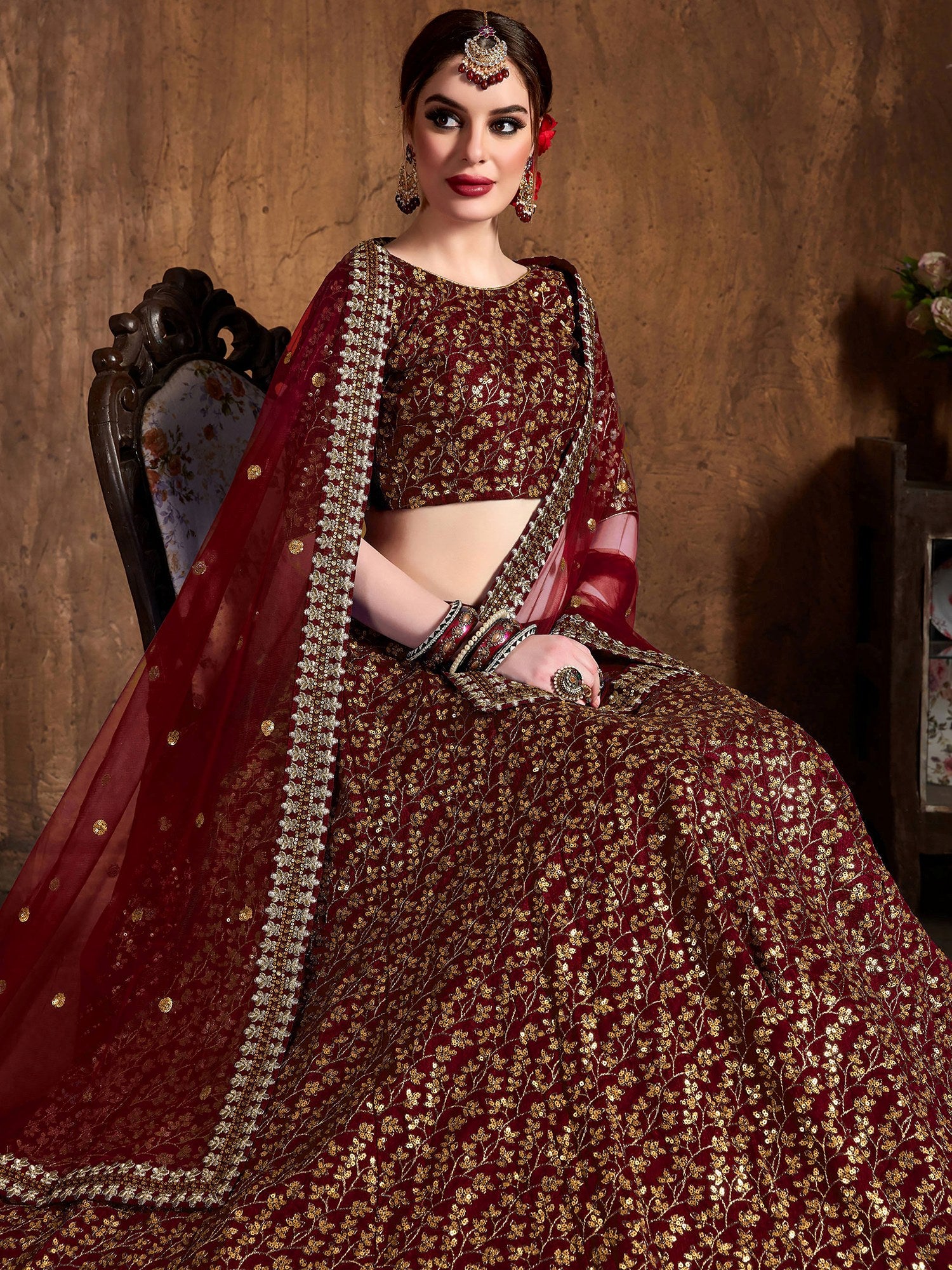 Gorgeous Maroon Sequins Silk Party Wear Plus Size Lehenga Choli 