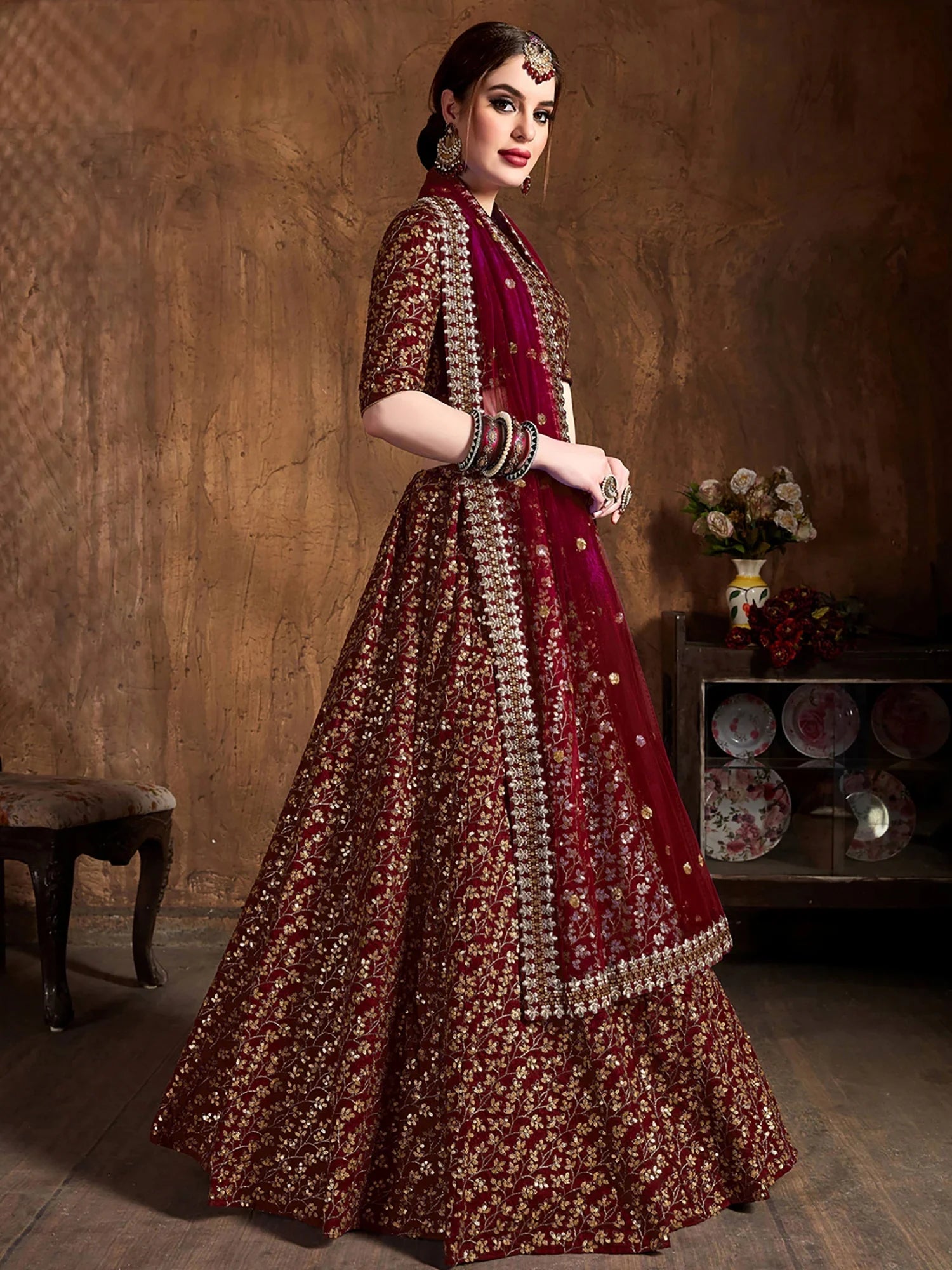 Gorgeous Maroon Sequins Silk Party Wear Plus Size Lehenga Choli 