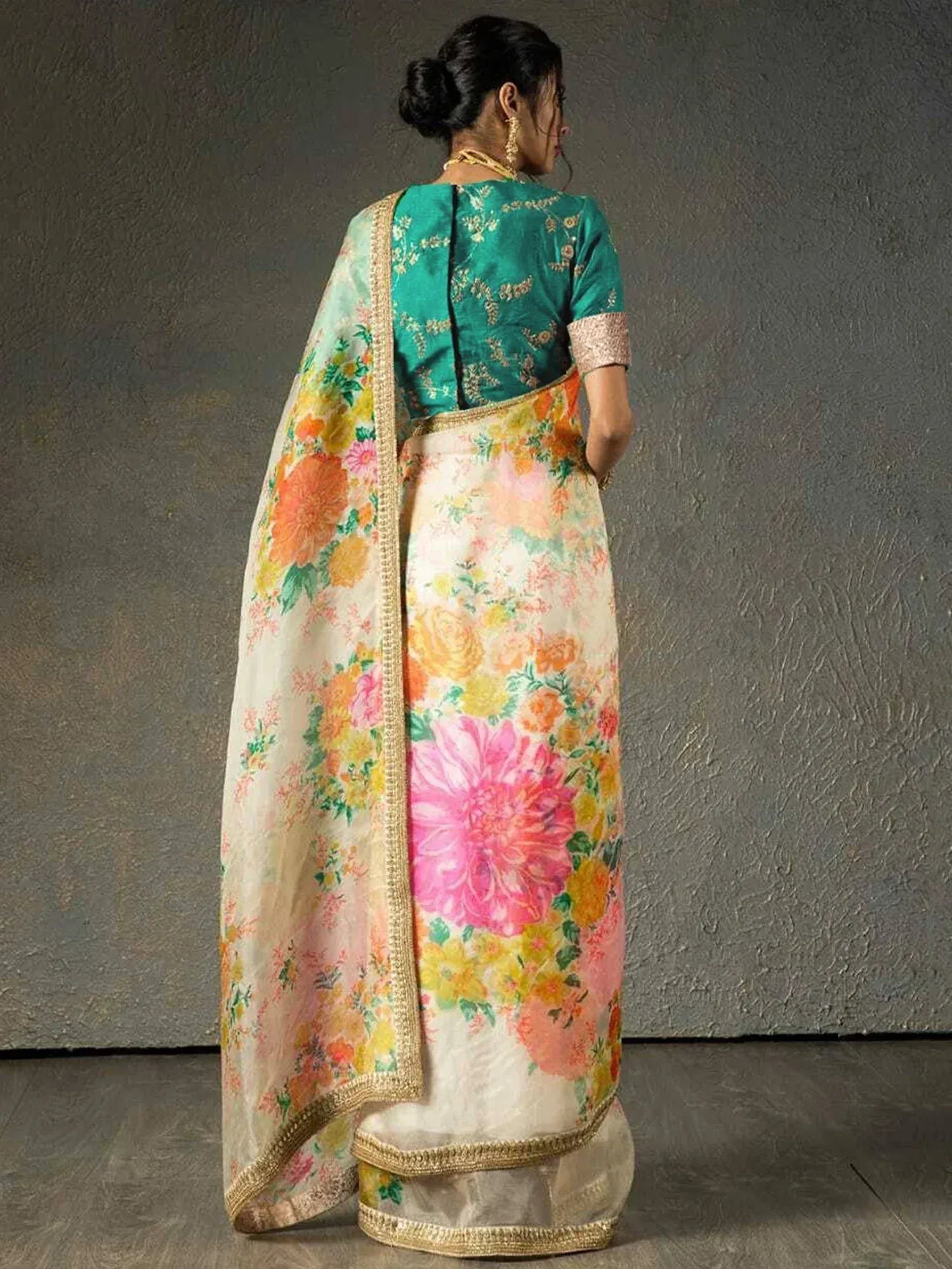 Floral print saree with green embroidered blouse, ethnic Indian wear for women