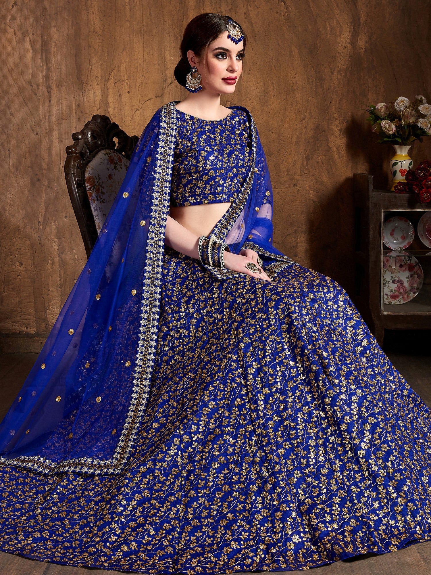 Graceful Blue Sequins Silk Reception Wear Plus Size Lehenga Choli 
