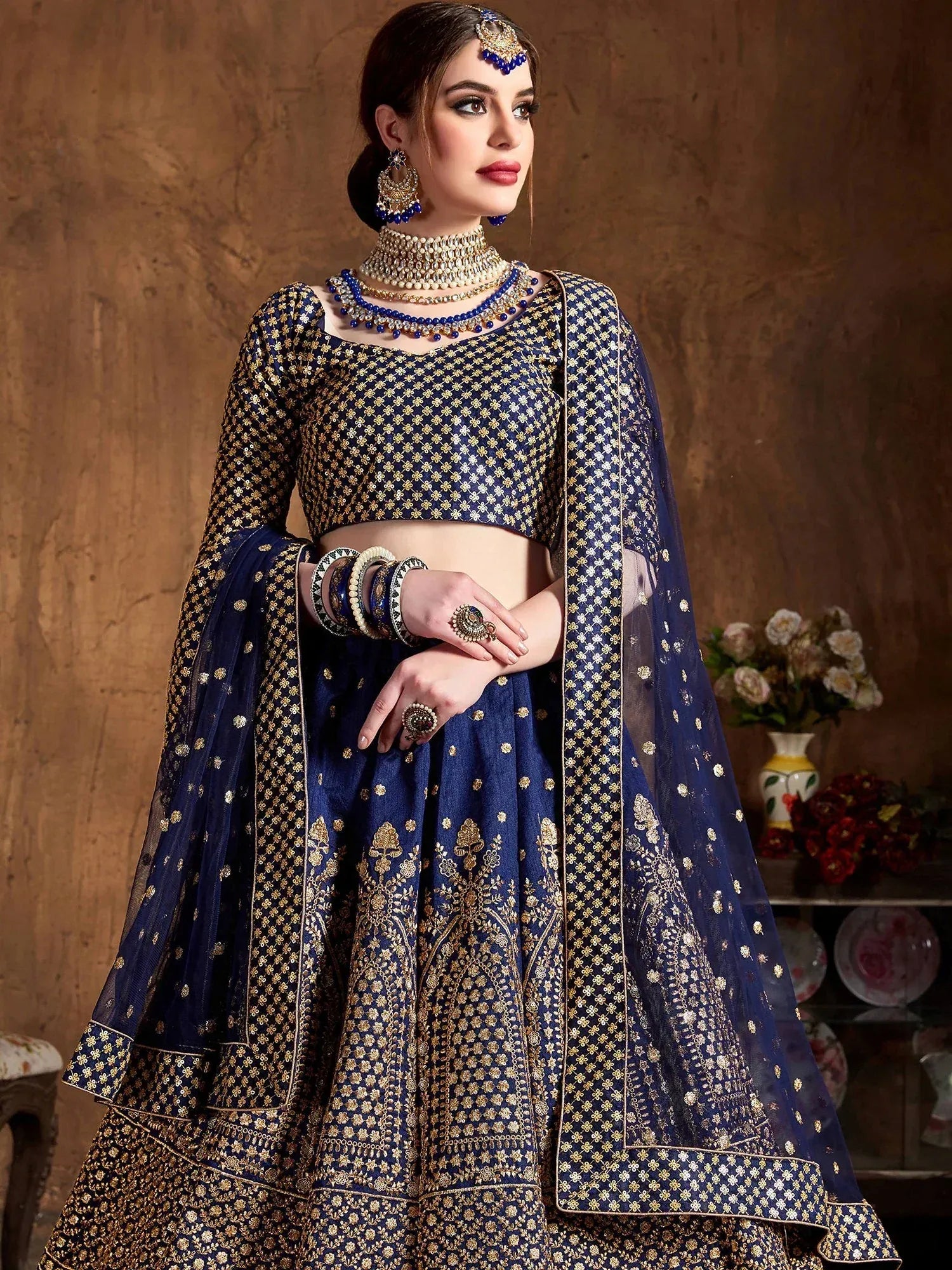Captivating Blue Sequins Silk Wedding Wear Plus Size Lehenga Choli 