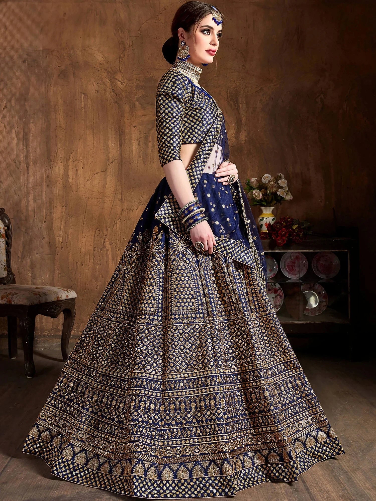 Captivating Blue Sequins Silk Wedding Wear Plus Size Lehenga Choli 