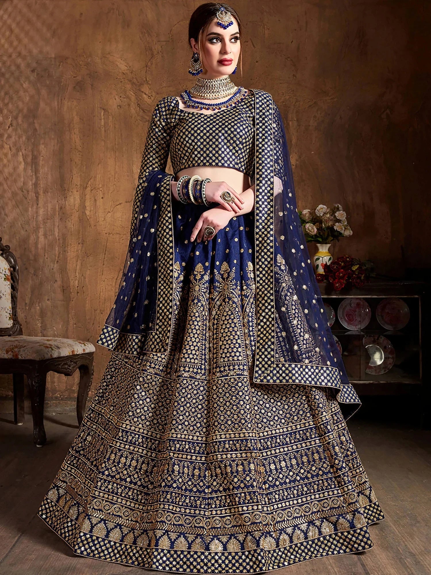 Captivating Blue Sequins Silk Wedding Wear Plus Size Lehenga Choli 