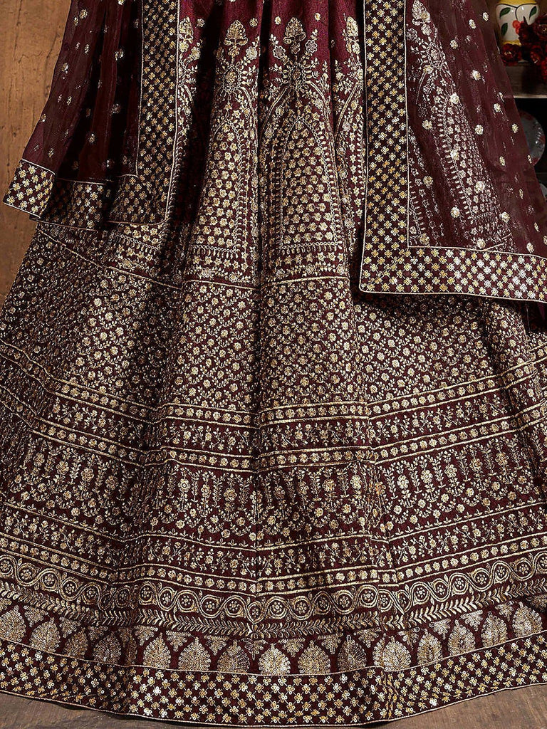 Glowing Maroon Zari Work Silk Function Wear Plus Size Lehenga Choli 