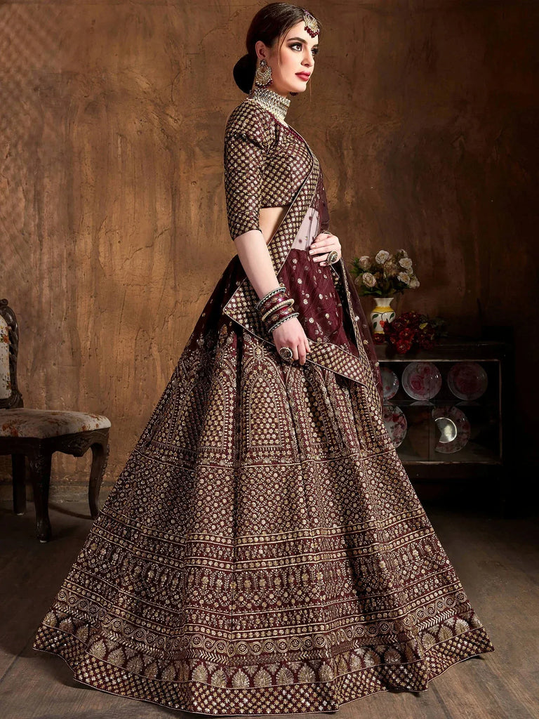 Glowing Maroon Zari Work Silk Function Wear Plus Size Lehenga Choli 