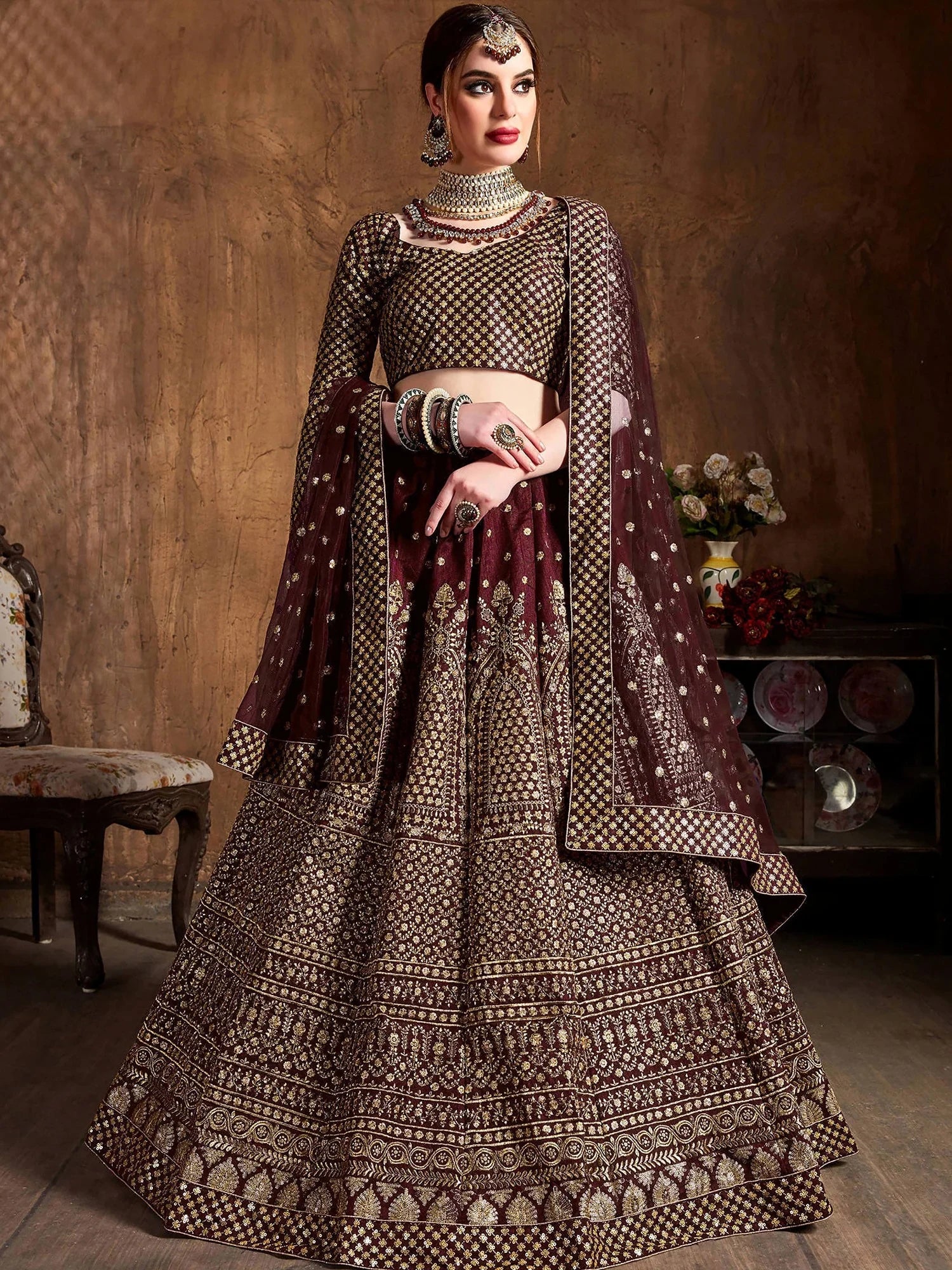 Glowing Maroon Zari Work Silk Function Wear Plus Size Lehenga Choli 