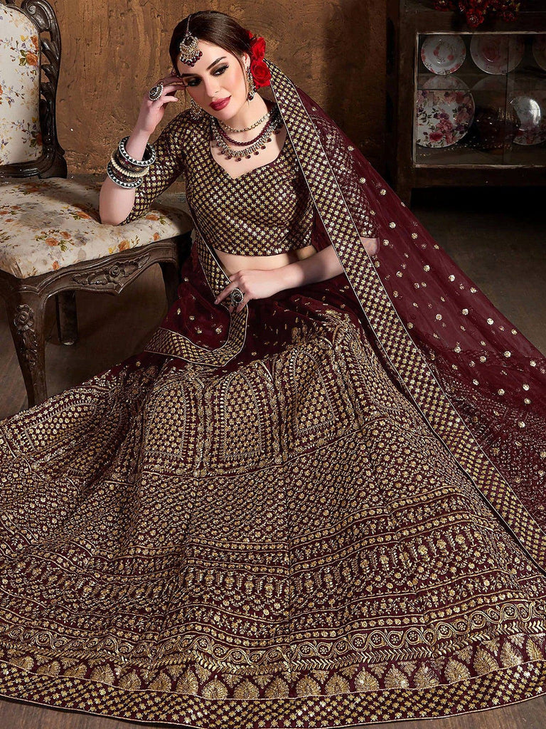 Glowing Maroon Zari Work Silk Function Wear Plus Size Lehenga Choli 