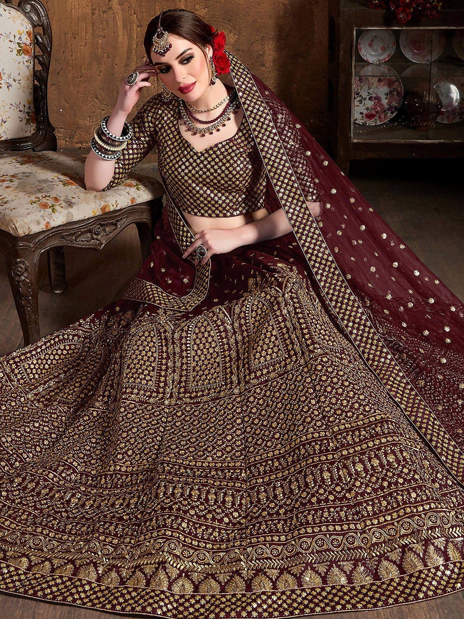 Glowing Maroon Zari Work Silk Function Wear Plus Size Lehenga Choli 