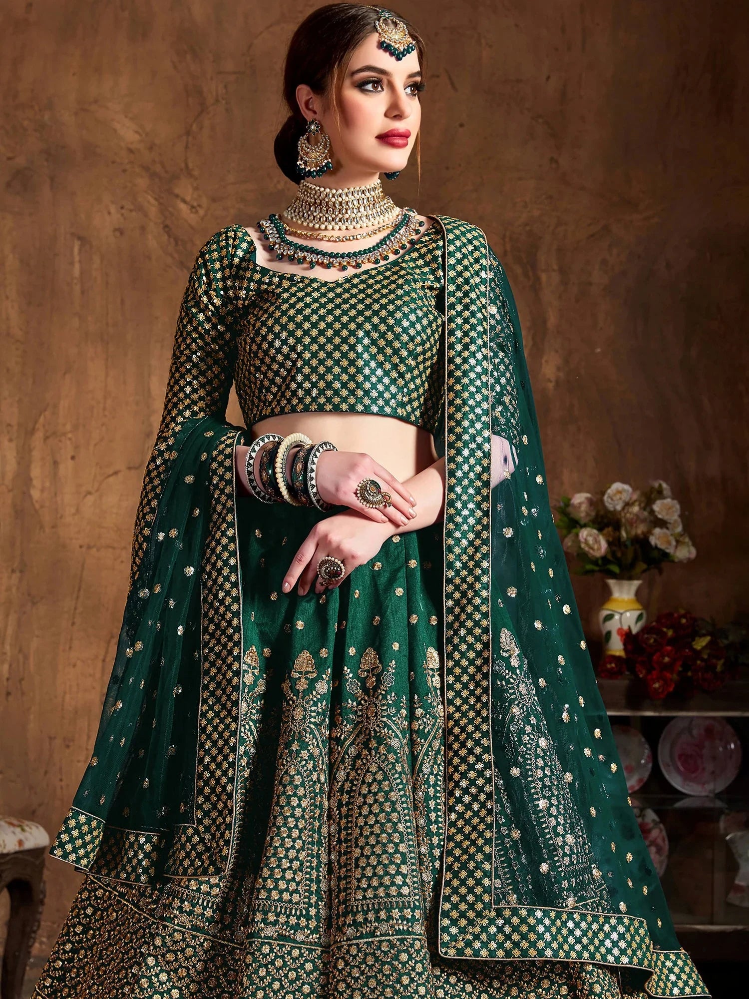 Sparkling Green Sequins Silk Engagement Wear Plus Size Lehenga Choli 