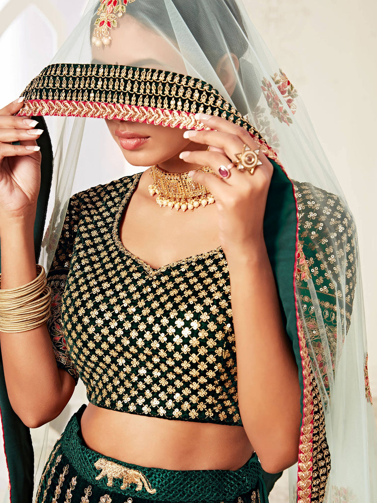 Elegant Green Embroidered Velvet Wedding Wear Plus Size Lehenga Choli