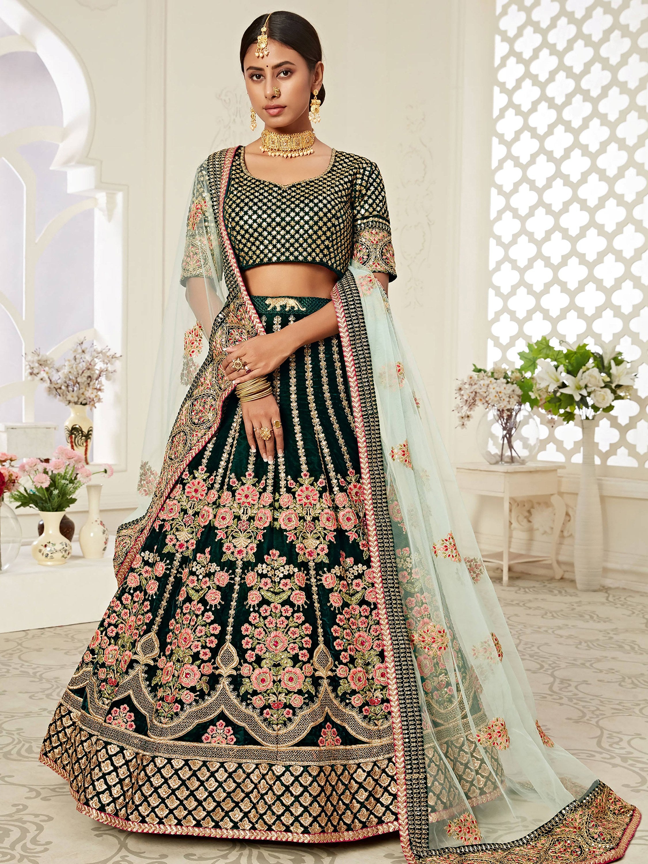 Elegant Green Embroidered Velvet Wedding Wear Plus Size Lehenga Choli