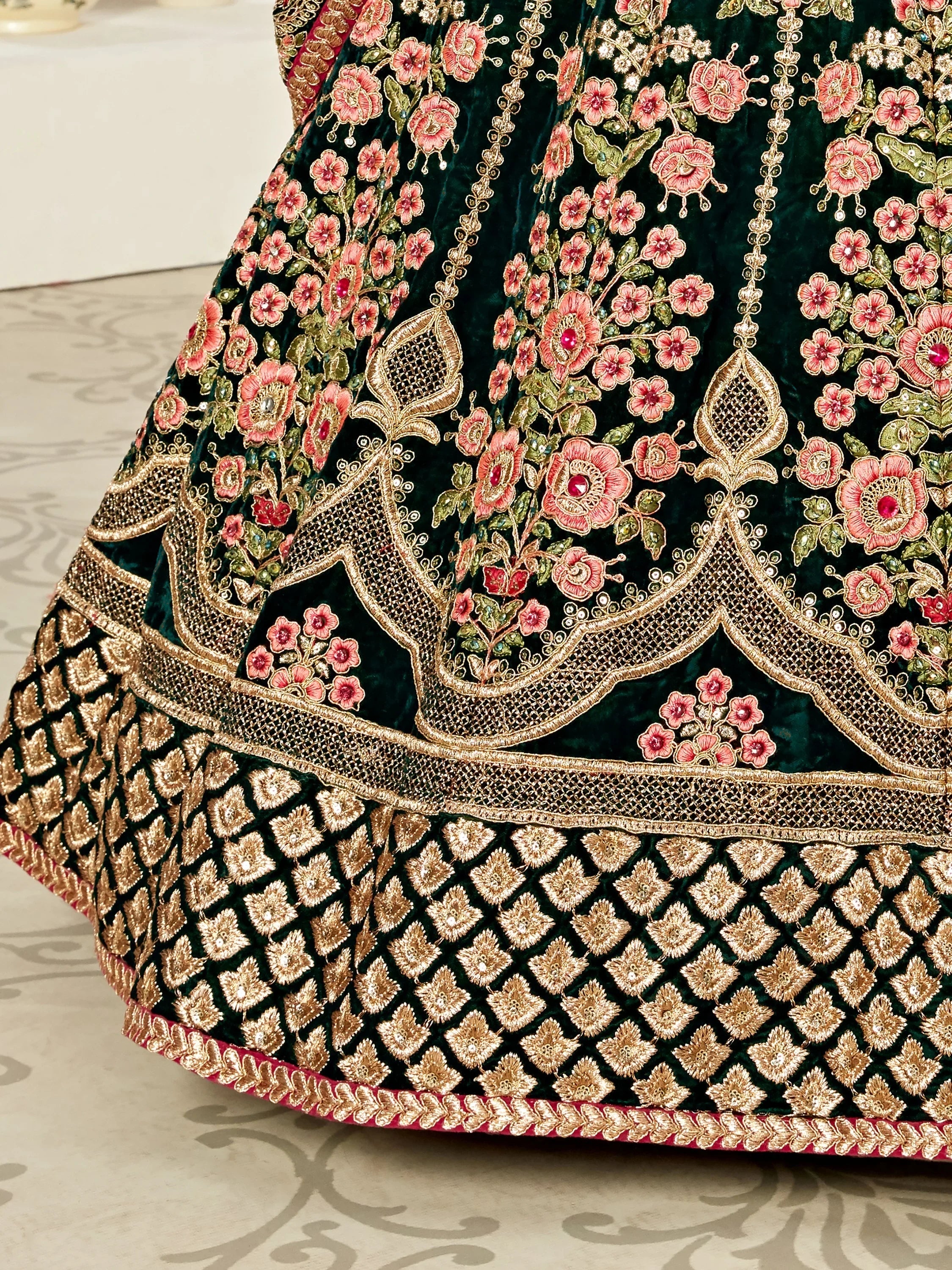 Elegant Green Embroidered Velvet Wedding Wear Plus Size Lehenga Choli