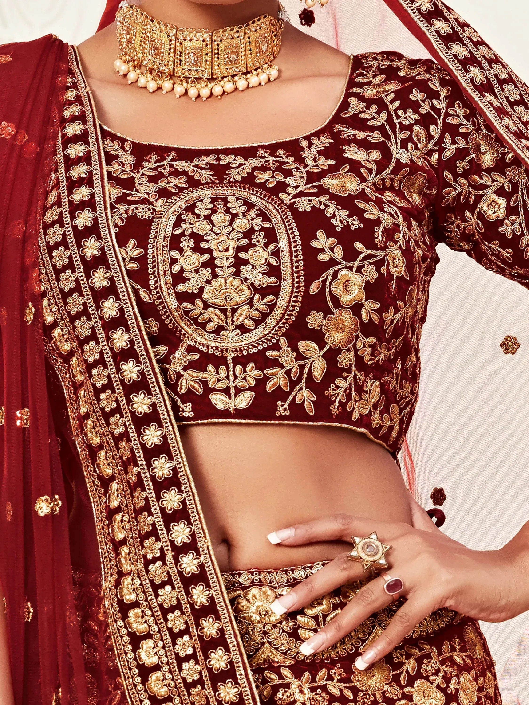 Alluring Maroon Embroidered Velvet Bridal Plus Size Lehenga Choli