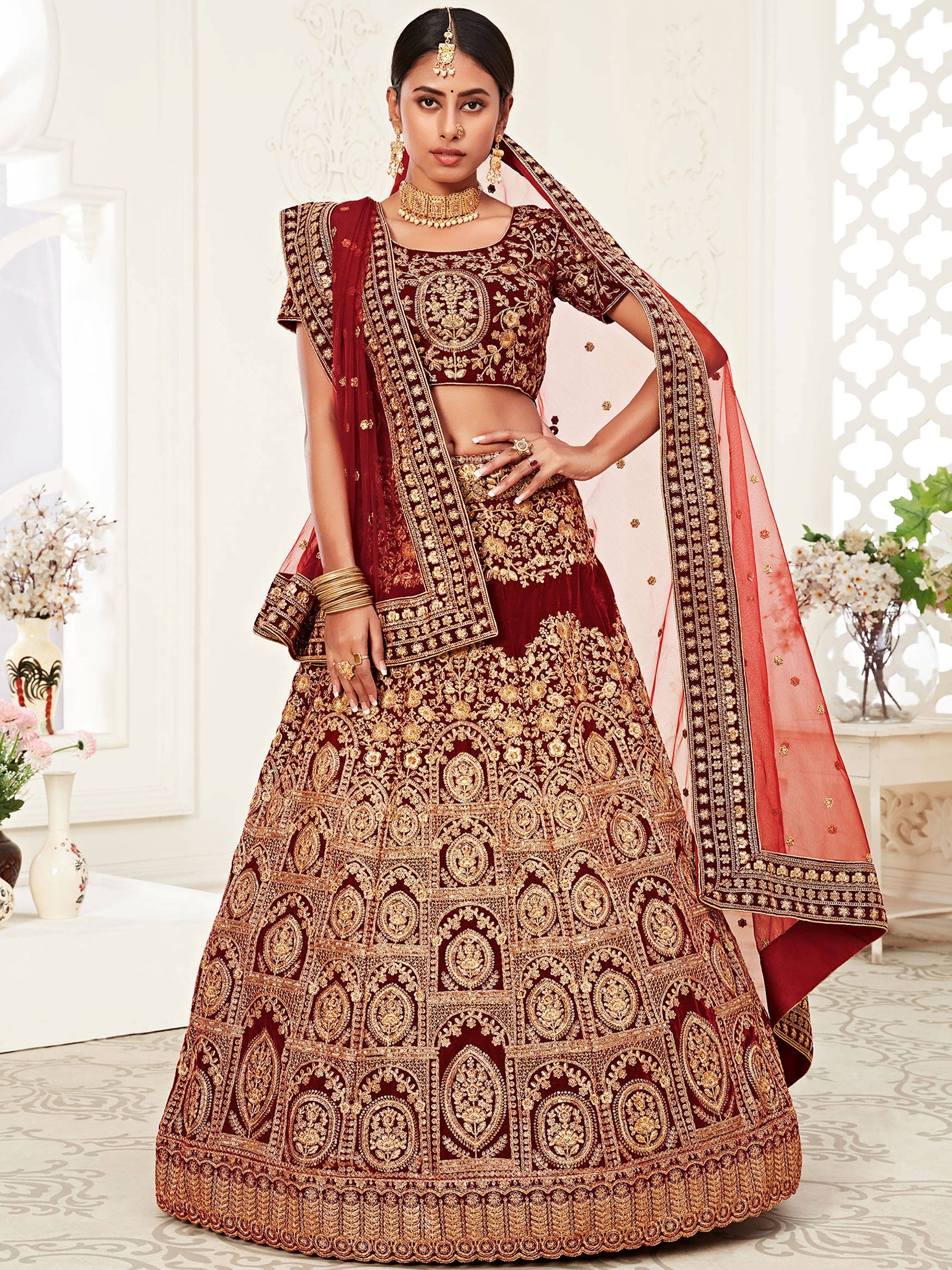 Alluring Maroon Embroidered Velvet Bridal Plus Size Lehenga Choli