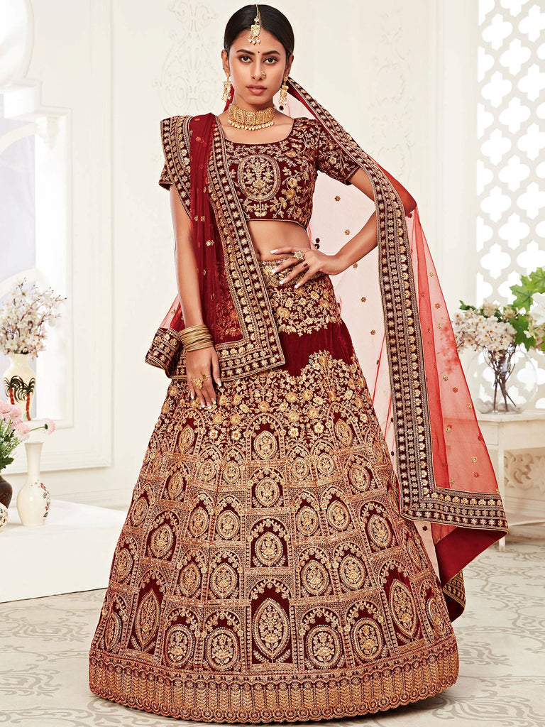 Alluring Maroon Embroidered Velvet Bridal Plus Size Lehenga Choli