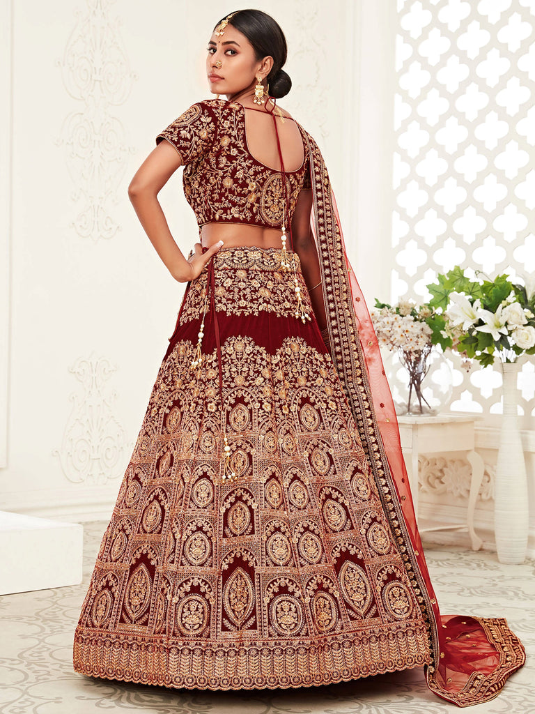 Alluring Maroon Embroidered Velvet Bridal Plus Size Lehenga Choli