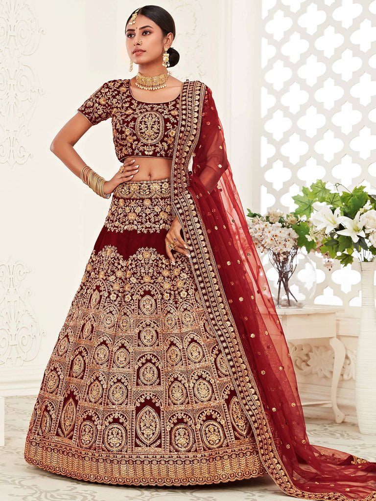 Alluring Maroon Embroidered Velvet Bridal Plus Size Lehenga Choli