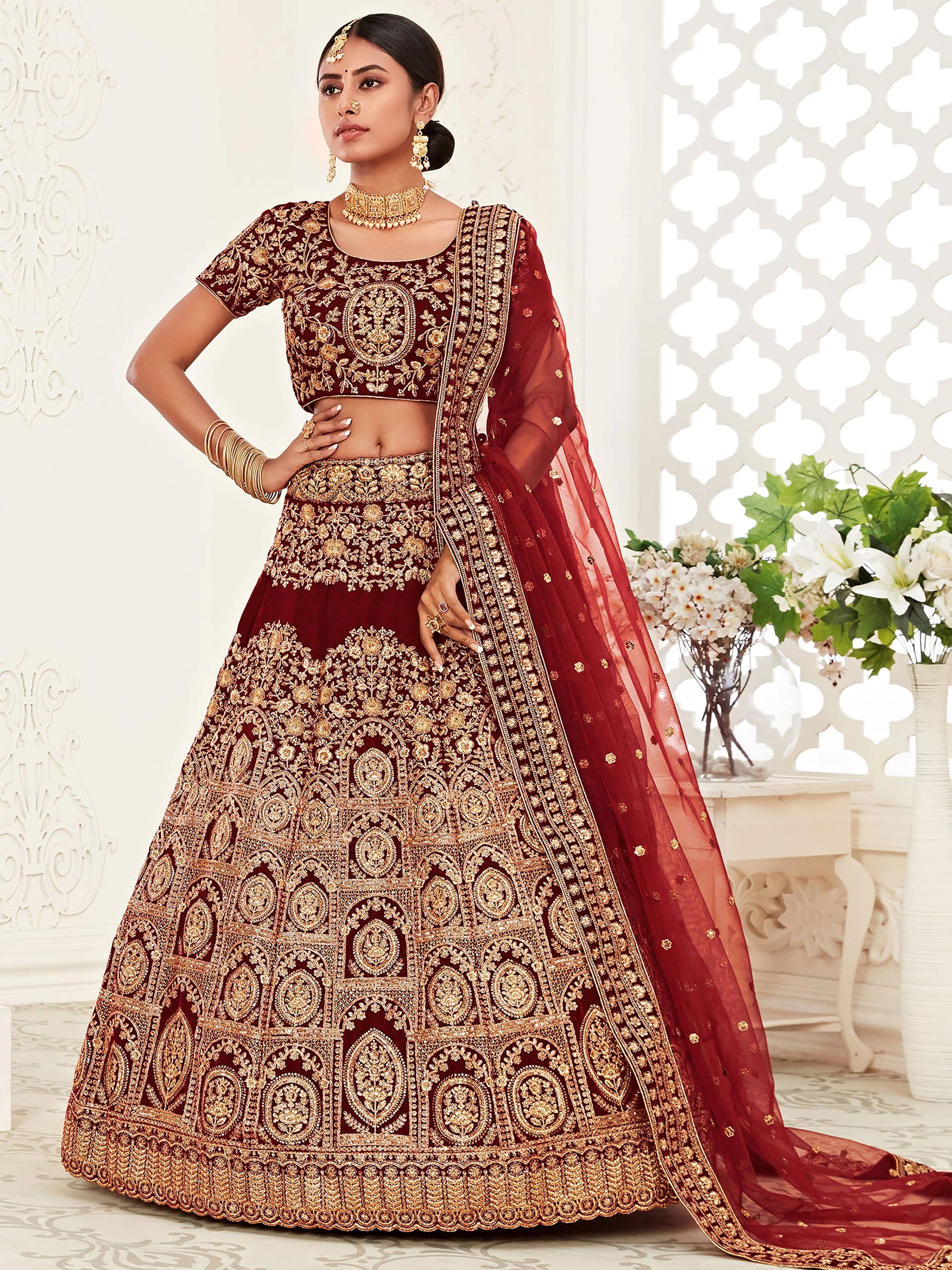 Alluring Maroon Embroidered Velvet Bridal Plus Size Lehenga Choli