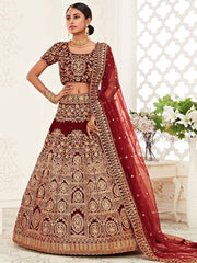 Alluring Maroon Embroidered Velvet Bridal Plus Size Lehenga Choli