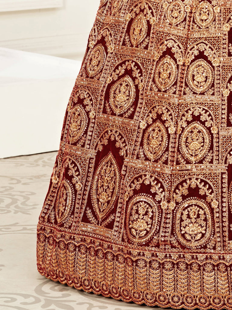 Alluring Maroon Embroidered Velvet Bridal Plus Size Lehenga Choli