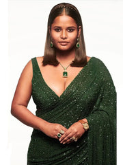 Sabyasachi Bottle Green Sequins Georgette Party Wear Saree With Blouse